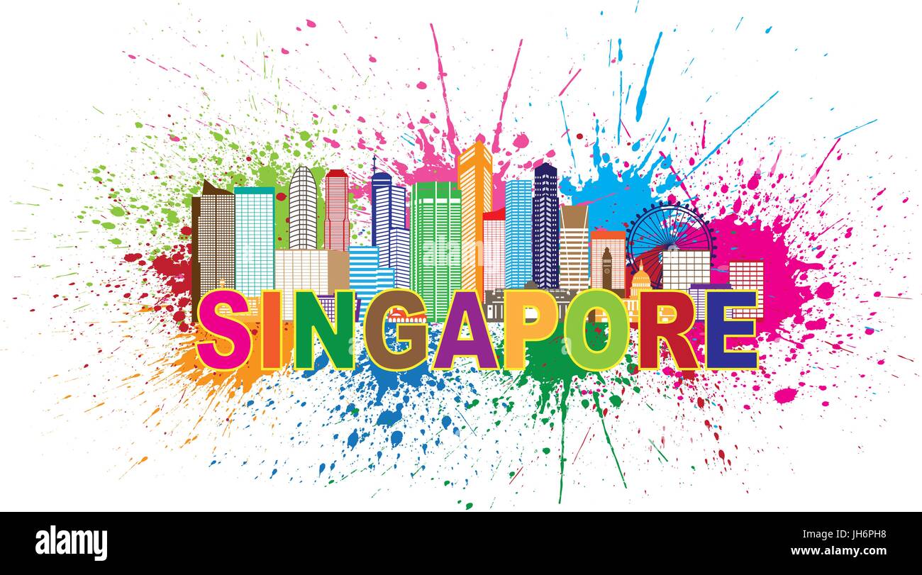 Singapur City Skyline Silhouette Umriss Panorama Farbe mit Text und Farbe Splatter abstrakt isoliert auf weißem Hintergrund Illustration Stock Vektor