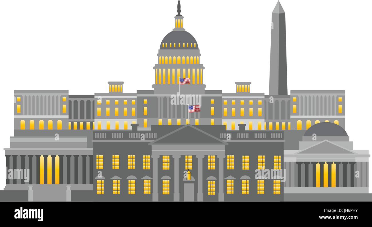 Washington DC Denkmäler Sehenswürdigkeiten weiße Haus Capitol und Gedenkstätten Collage isoliert auf weißem Hintergrund Illustration Stock Vektor