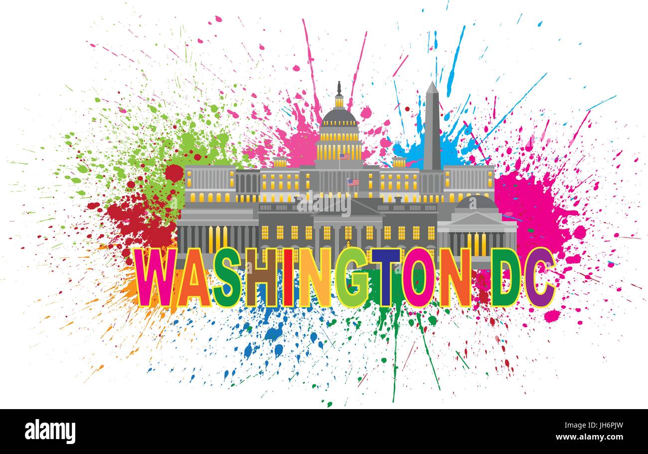 Washington DC Denkmäler Sehenswürdigkeiten weiße Haus Capitol und Gedenkstätten Collage mit Paint Splatter abstrakte isoliert auf weißem Hintergrund Illustration Stock Vektor