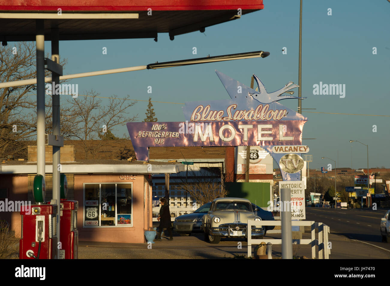 Route 66-Szene in Tucumcari, New Mexico auf der alten Route 66 Autobahn. Stockfoto
