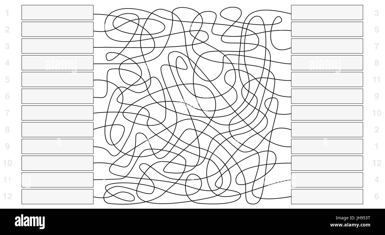 Labyrinth mit jeweils zwölf leere Felder kennzeichnen und verbunden - die Zahlen zeigen die Lösung. Stockfoto