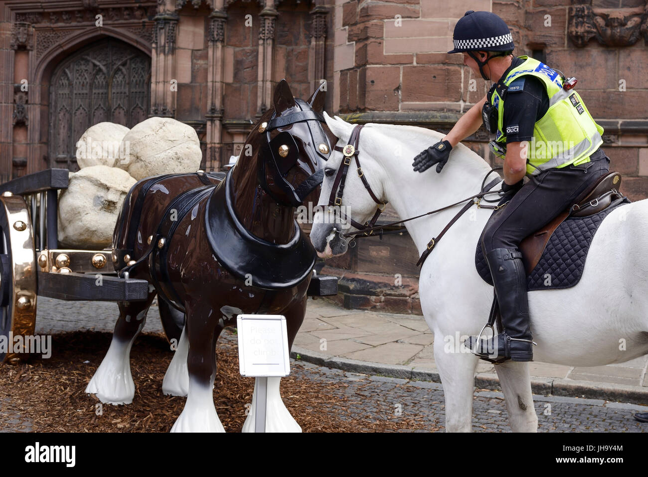 Chester, UK. 13. Juli 2017. Weißen Polizei Pferde trifft Sarah Lucas Skulptur Perceval vor Chester Kathedrale an der St Werburgh Street genannt. Bildnachweis: Andrew Paterson/Alamy Live-Nachrichten Stockfoto