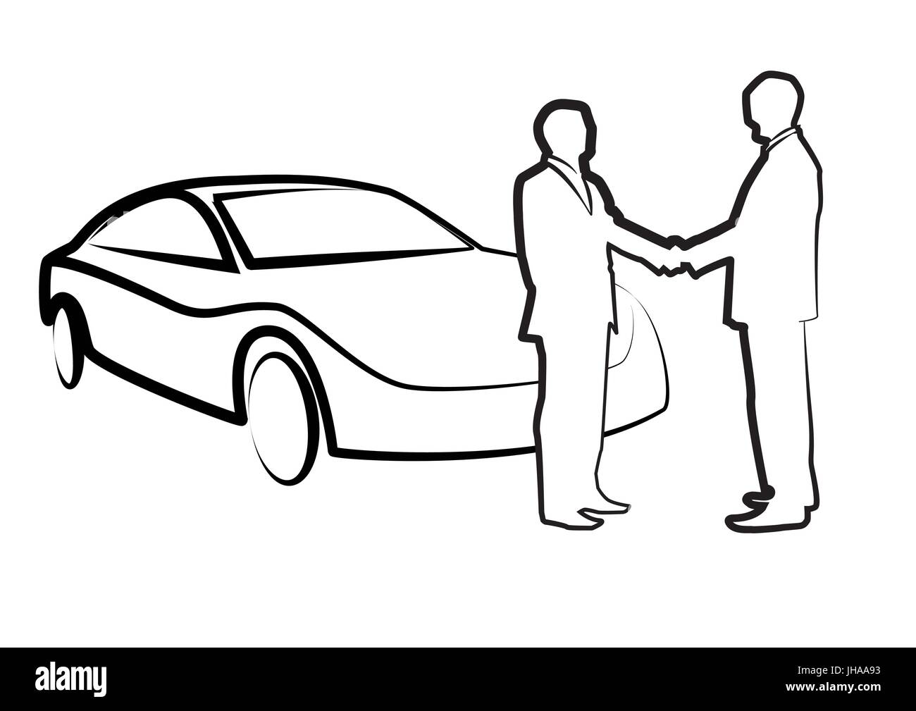 zwei Geschäftsleute Händeschütteln vor einem Auto - Illustration, Vektor Stockfoto