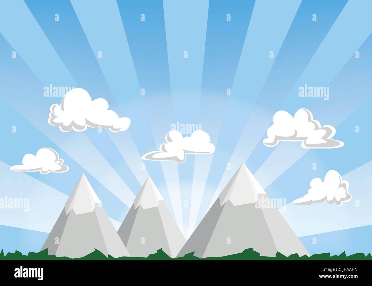 Berg Landschaft Cartoon Illustration mit Sonnenuntergang Himmel und Wolken Stockfoto