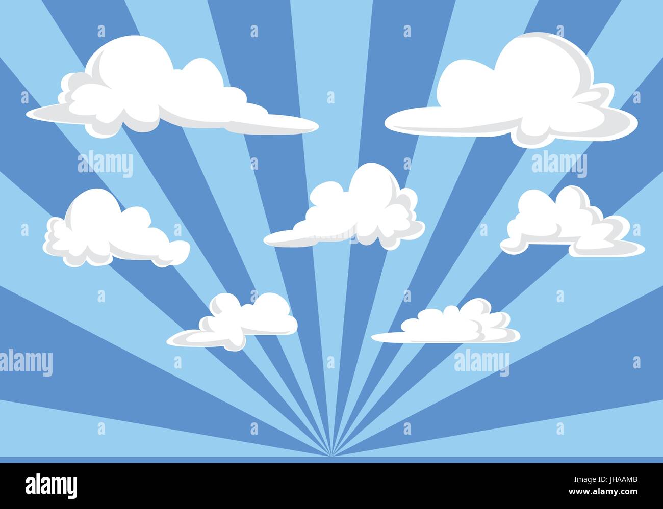 blauer Himmel und flauschige Wolken Illustration, Cartoon-Stil-Vektor Stockfoto