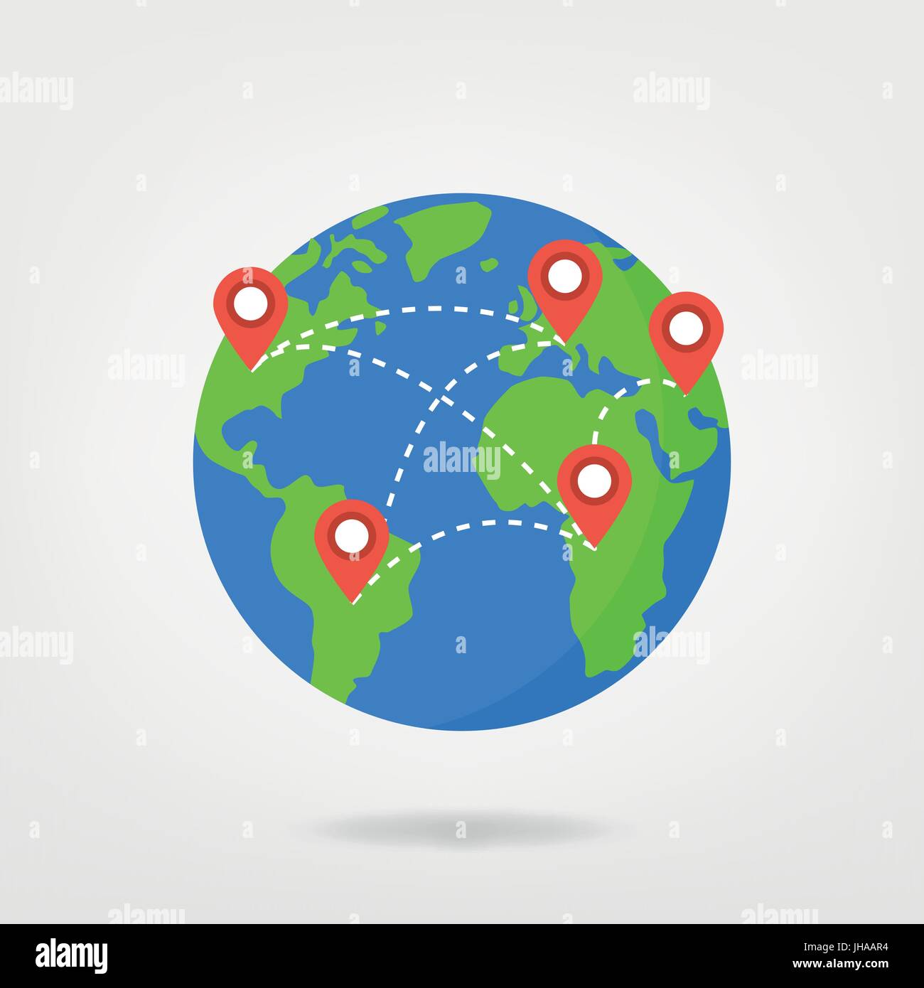 Pin-Punkte auf Welt Karte / Konzept Abbildung zu reisen. Standortmarkierung auf Globus, Vektorgrafik. Stock Vektor