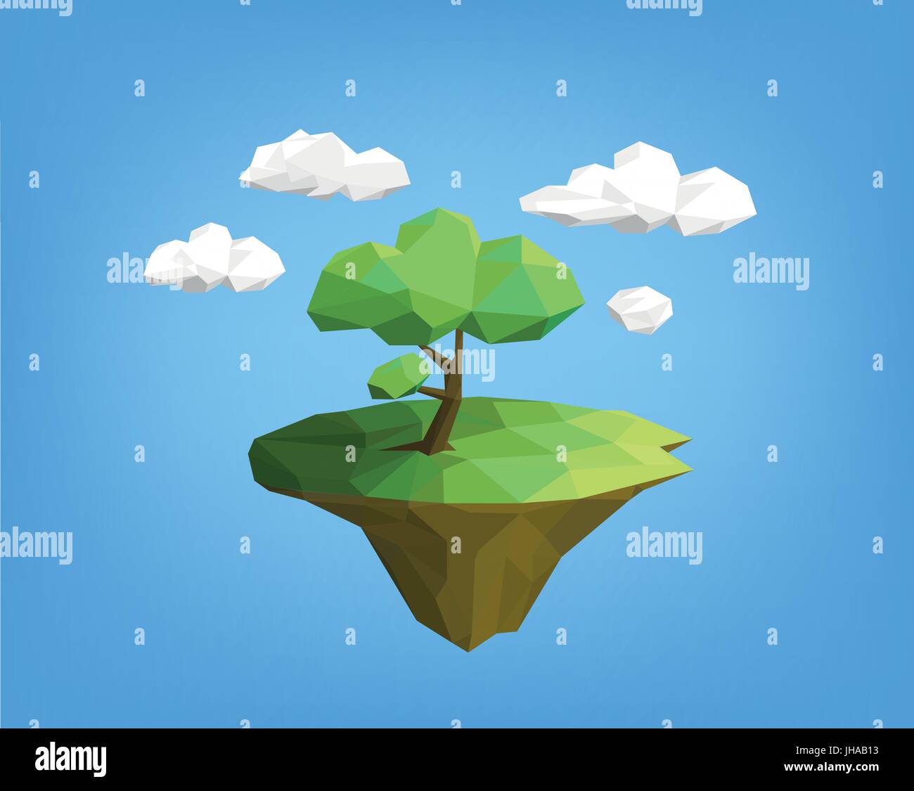 low-Poly Landschaftsstil - Baum auf Insel, blauer Himmel und Wolken. polygonale Abbildung Stock Vektor