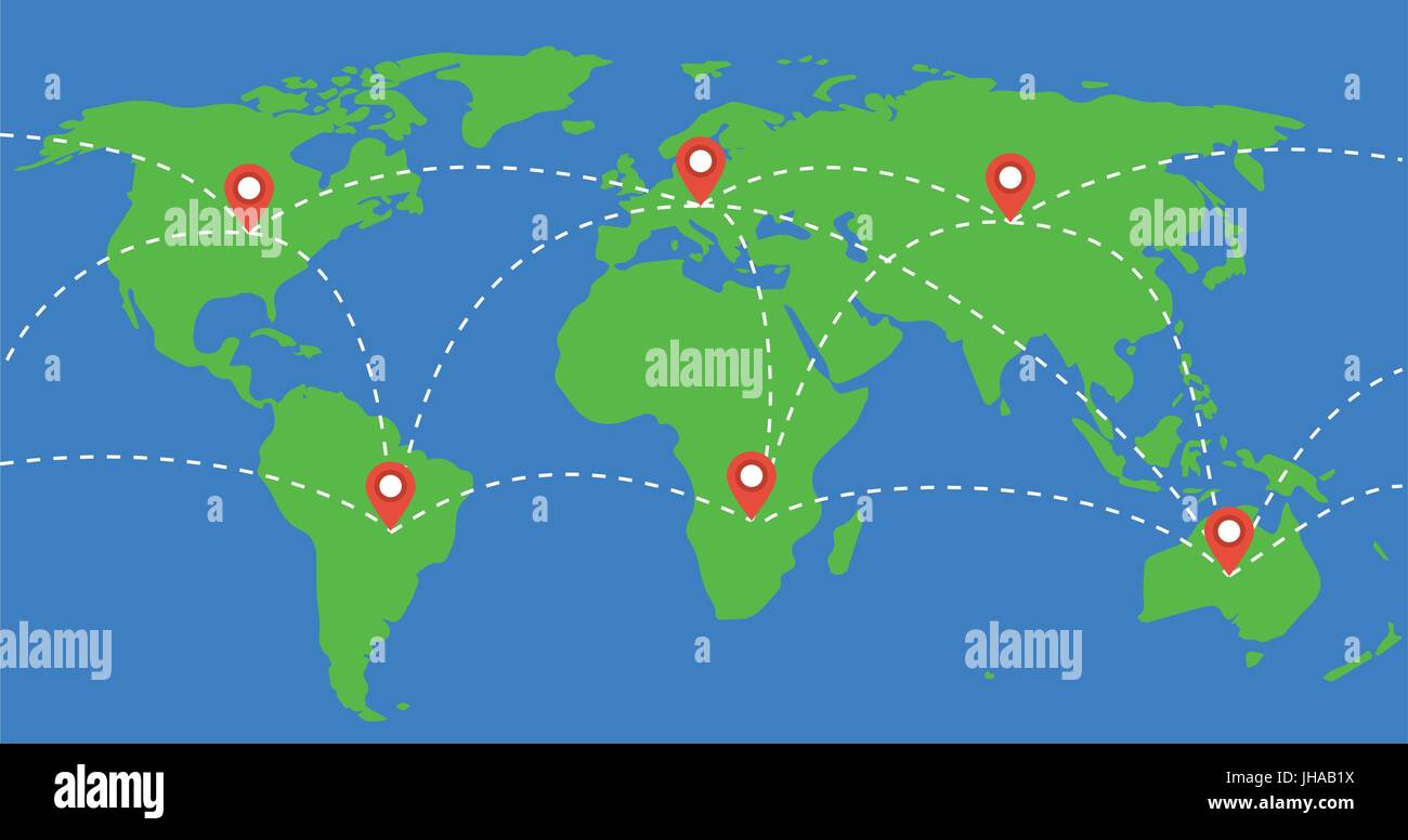 Orte mit Standort Markierungen auf Welt Karte Abbildung gekennzeichnet. Reise um die Welt-Konzept. Stockfoto