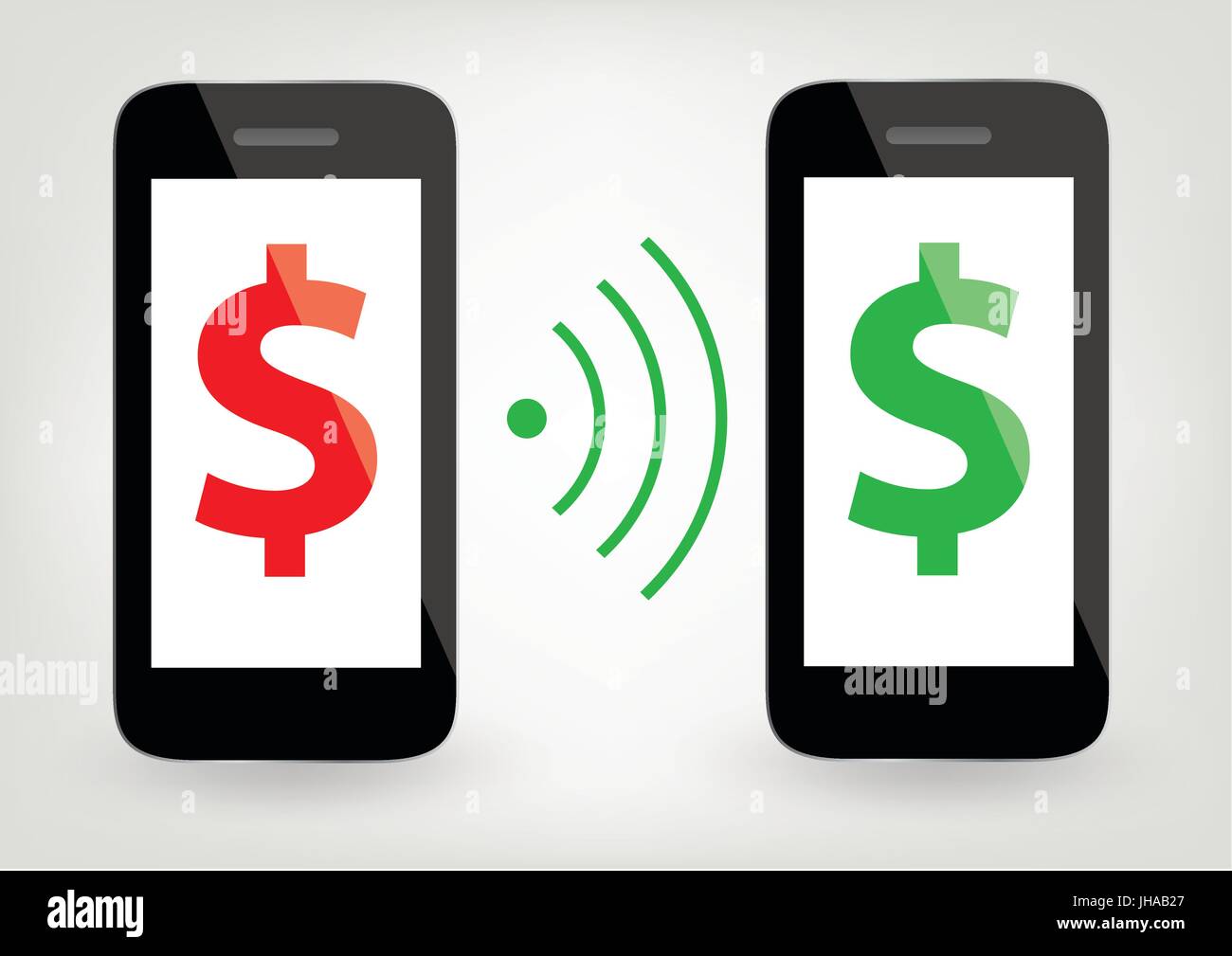zwei Smartphones mit Dollarzeichen und Wireless-Symbol - Geld-Transfer-Konzept Stockfoto