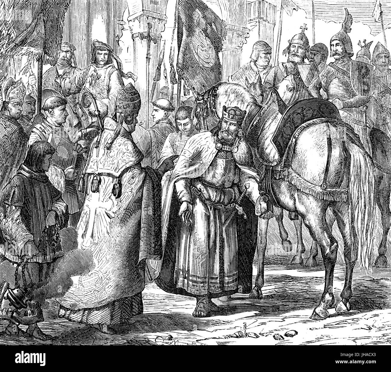 Papst Nikolaus ich zusammen mit Louis II. der jüngere, König von Italien und Kaiser des Heiligen Römischen Reiches Stockfoto