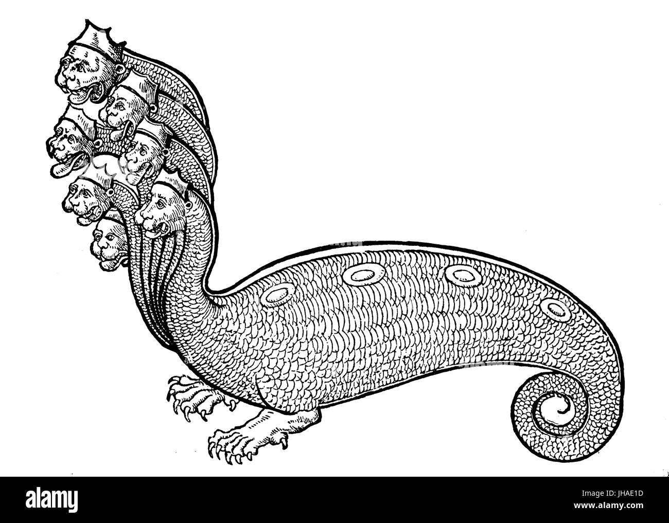 Seeungeheuer: Hydra mit sieben gekrönten Löwenköpfe, Fabelwesen, mittelalterlichen Gravur Jahr 1530 Stockfoto