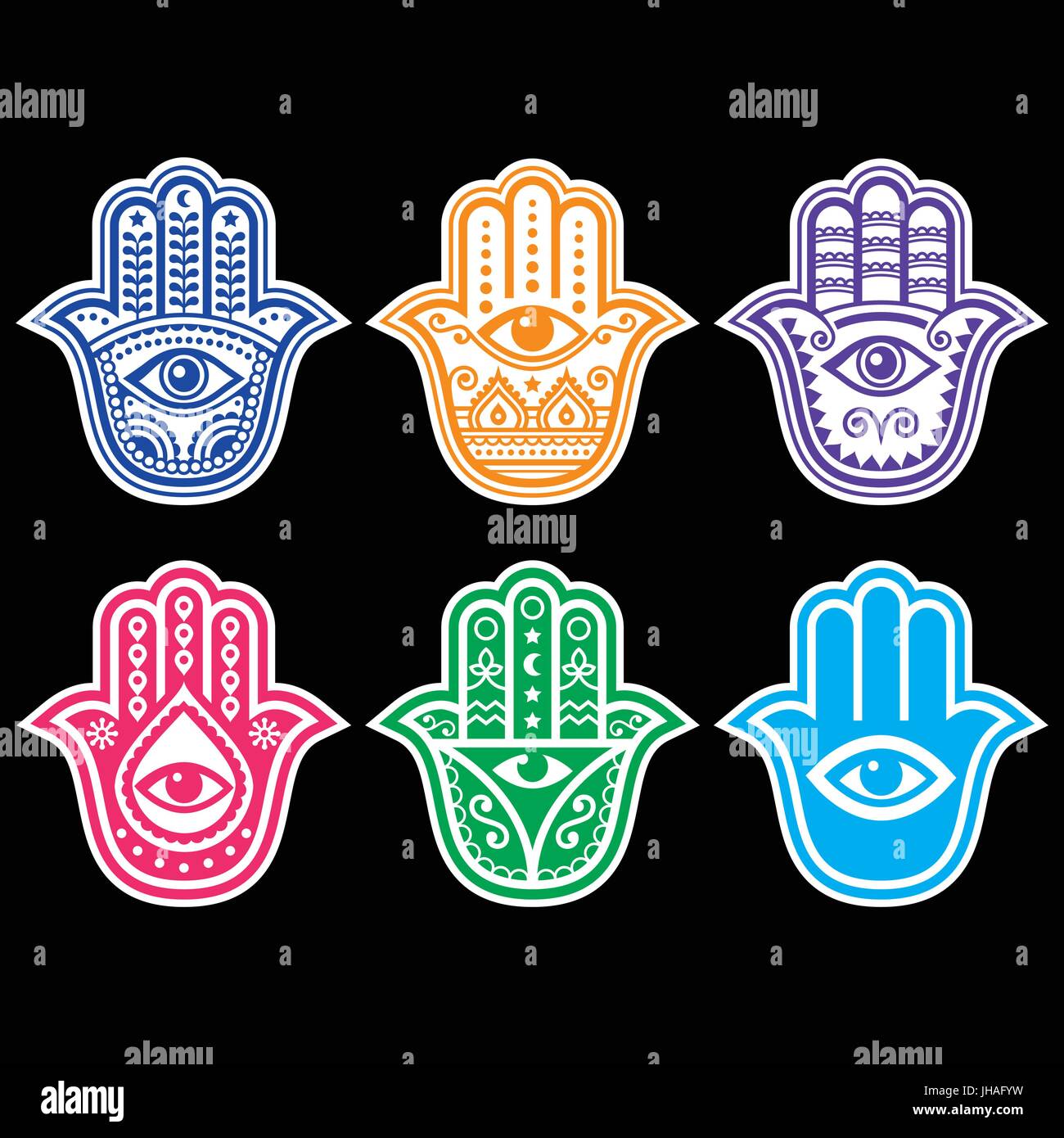 Hamsa Hand, Hand der Fatima - Amulett, das Symbol der Schutz von Teufel Auge auf schwarz Hamsa, Hand der Fatima - Symbol für Kraft und Glück isoliert Stock Vektor
