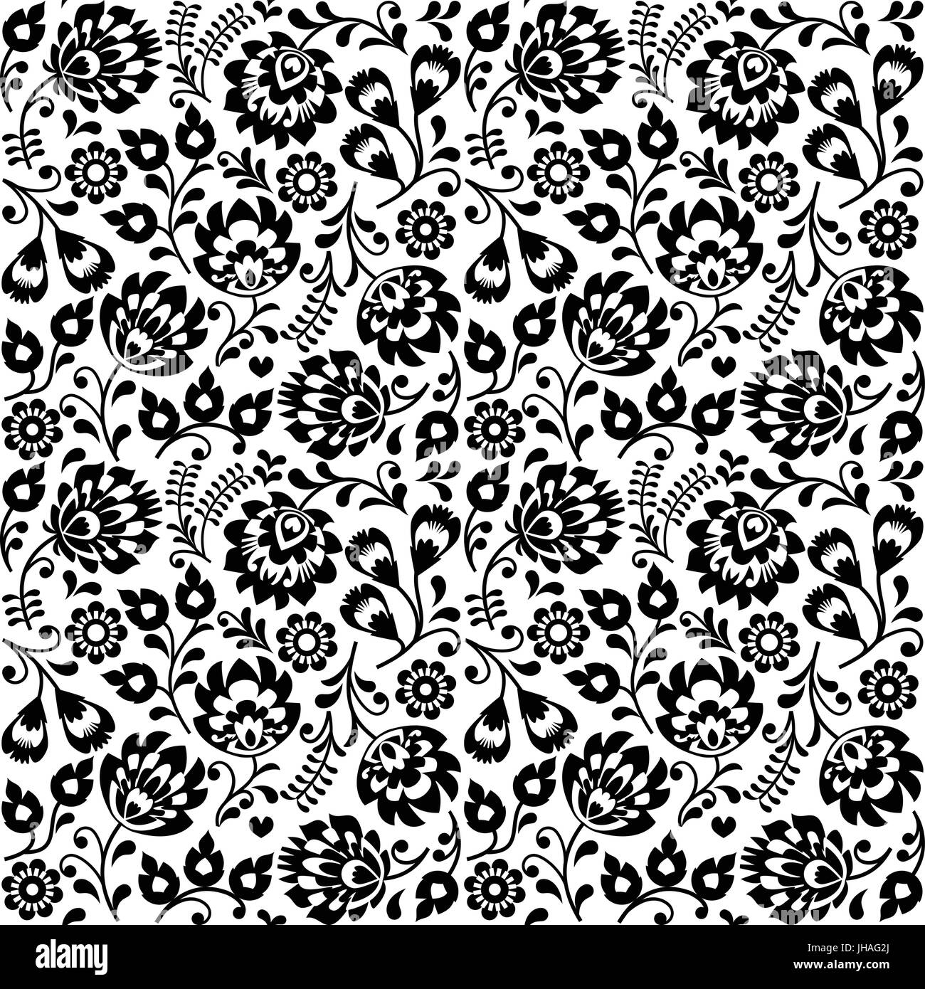 Nahtlose polnischen Volkskunst schwarze Blumenmuster - wzory wycinanki lowickie, Sich wiederholende Hintergrund mit Blumen - slawische Volkskunst Muster Stock Vektor
