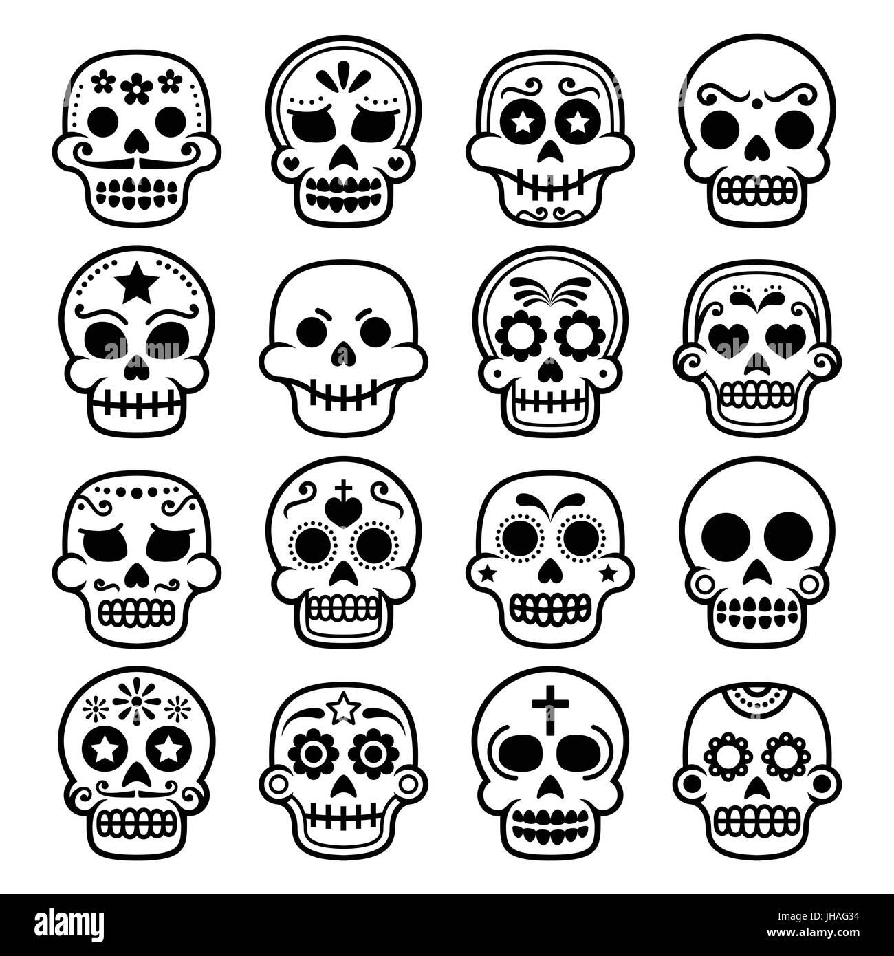 Halloween, mexikanische Sugar Skull, Dia de los Muertos - cartoon Symbole Vector Icons Set von Dekorierten Schädel isoliert auf Weiss - Tod Konzept Stock Vektor