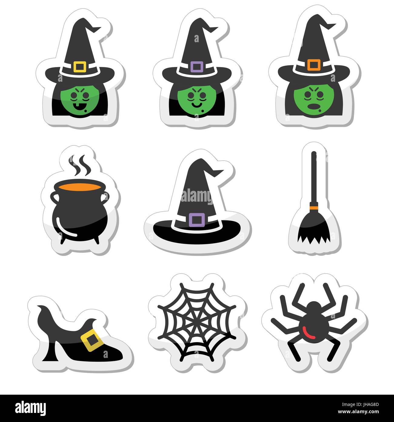 Hexe Halloween Vector Icons Set bunte Symbole für Halloween feiern auf weißen isoliert Stock Vektor
