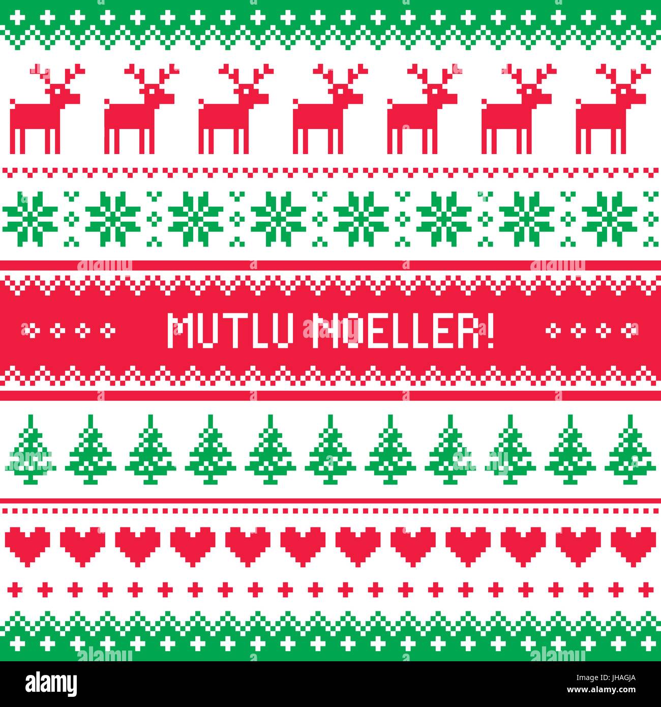 Frohe Weihnachten in Türkisch - Mutlu Noeller Muster Winter rot und grün Hintergrund für das Feiern Weihnachten in der Türkei - Nordisch stricken Stil Stock Vektor