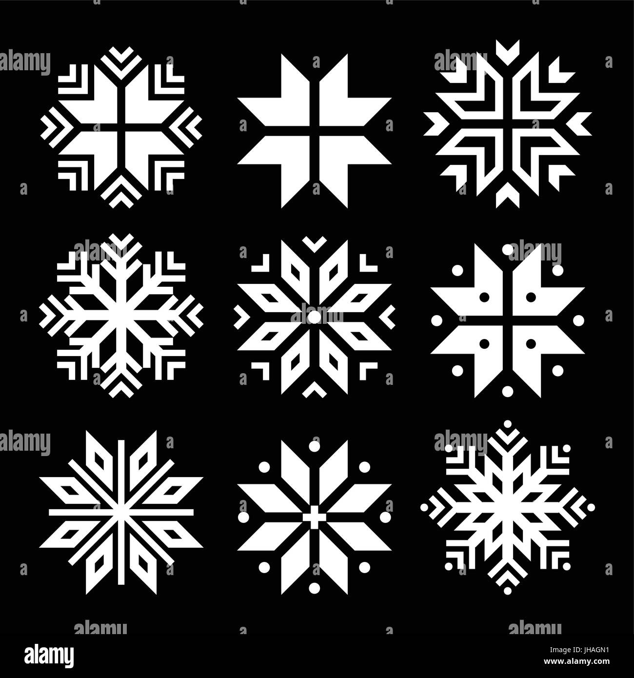 Schneeflocken, Weihnachten Vektor weiße Symbole auf schwarz Winter Wetter eingestellt Icons - Schneeflocken Formen auf schwarzem Hintergrund einstellen Stock Vektor