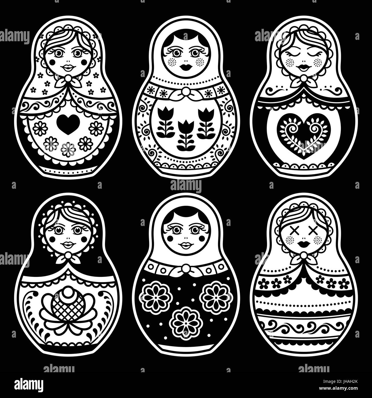 Matrjoschka, russische Puppe weiße Symbole auf Schwarz gesetzt Stock Vektor
