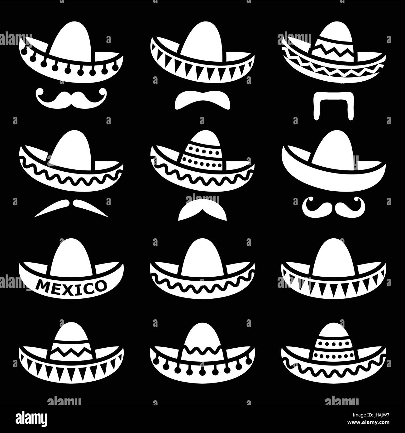 Mexikanischen Sombrero hut mit Bart oder Schnurrbart weiße Symbole auf Schwarz Stock Vektor
