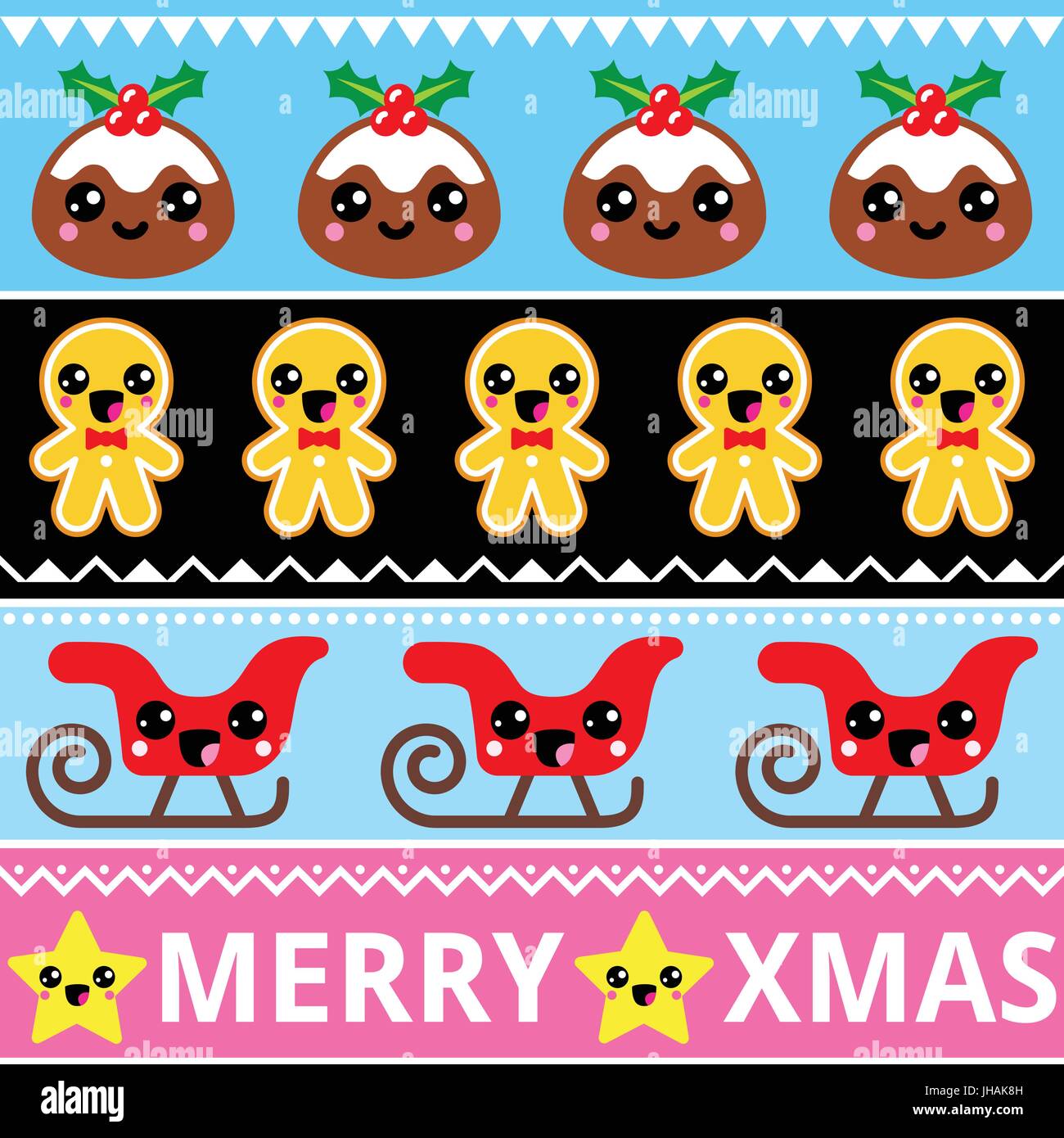 Weihnachten cute Kawaii Musterdesign mit fröhlichen Charaktere Weihnachten cute Kawaii Musterdesign mit glücklichen Zeichen Stock Vektor