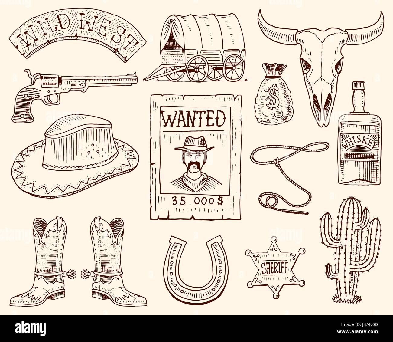 Wilder Westen Rodeo Show Cowboy Oder Indianer Mit Lasso Hut Und Pistole Kaktus Mit Sheriffstern Und Bison Booten Mit Hufeisen Und Steckbrief Hand Gezeichnet In Alten Skizze Eingraviert Oder Und Vintage Stil Stock Vektorgrafik