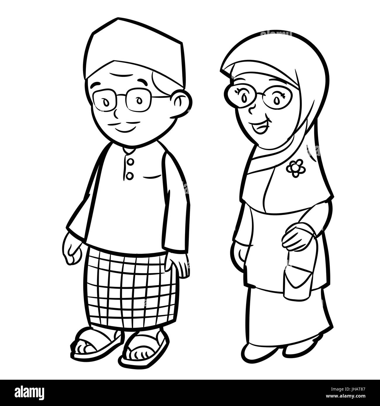 Hand gezeichnete Skizze des Erwachsenen Malay Charakter Cartoon isoliert, schwarz / weiß-Cartoon-Vektor-Illustration für Coloring Book - Linie gezeichnet Vektor Stock Vektor