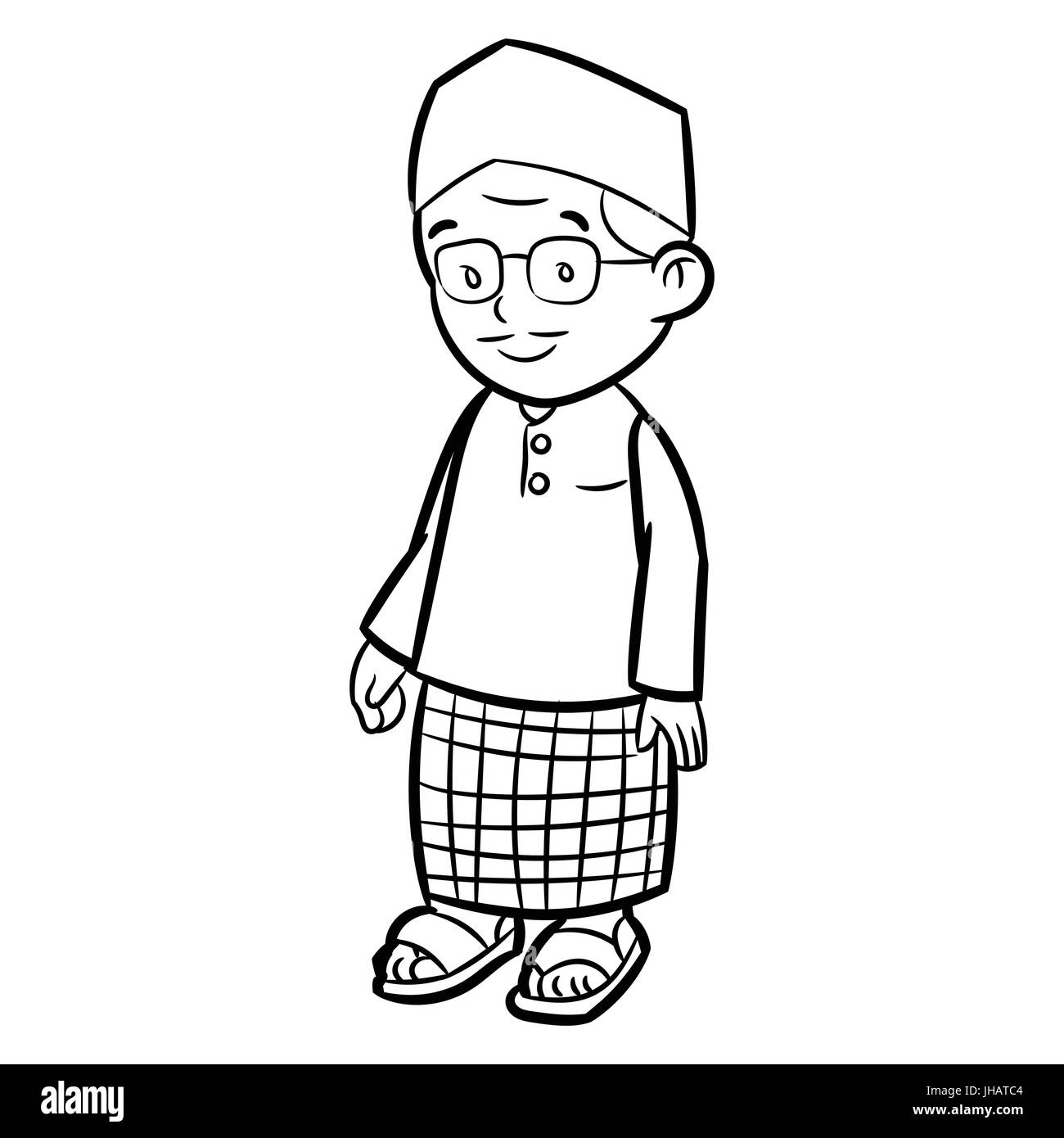 Hand gezeichnete Skizze des Erwachsenen Malay Mann Charakter Cartoon isoliert, schwarz / weiß-Cartoon-Vektor-Illustration für Coloring Book - Linie gezeichnet Vektor Stock Vektor