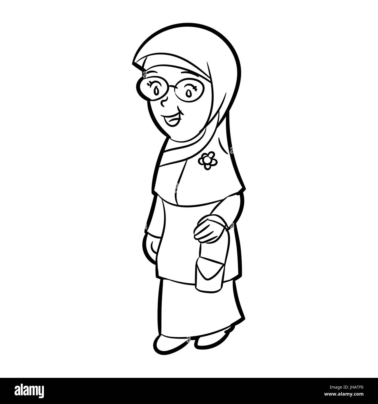 Hand gezeichnete Skizze des Erwachsenen Malay Frau Charakter Cartoon isoliert, schwarz / weiß-Cartoon-Vektor-Illustration für Coloring Book - Linie gezeichnet Vektor Stock Vektor