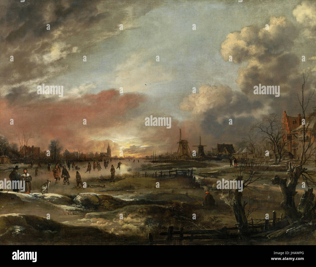 "Winterlandschaft mit Skatern bei Sonnenuntergang" von Aert van der Neer Stockfoto