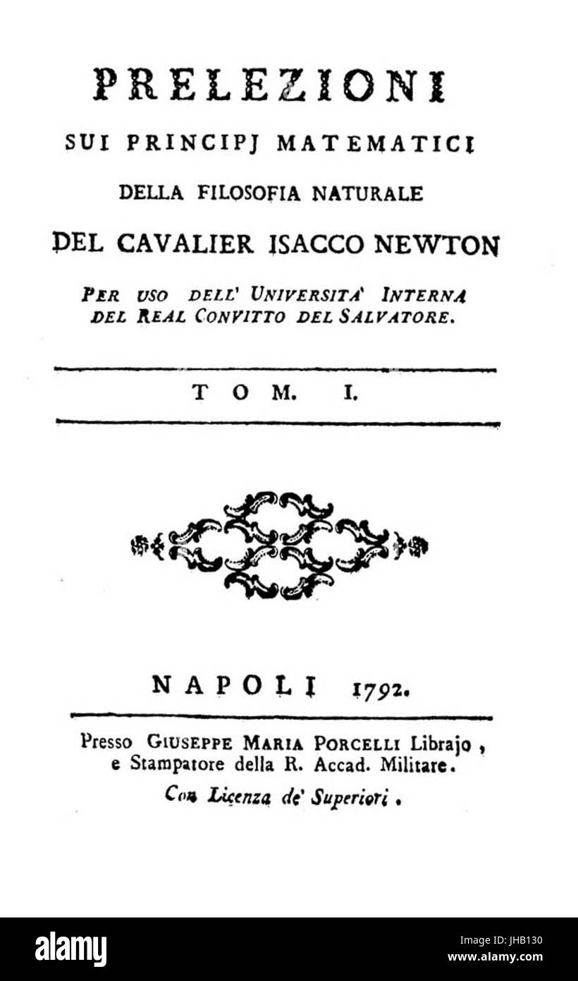Fergola - Prelezioni Sui Principi Matematici della Filosofia Naturale del Cavalier Isacco Newton, 1792-1509770 Stockfoto