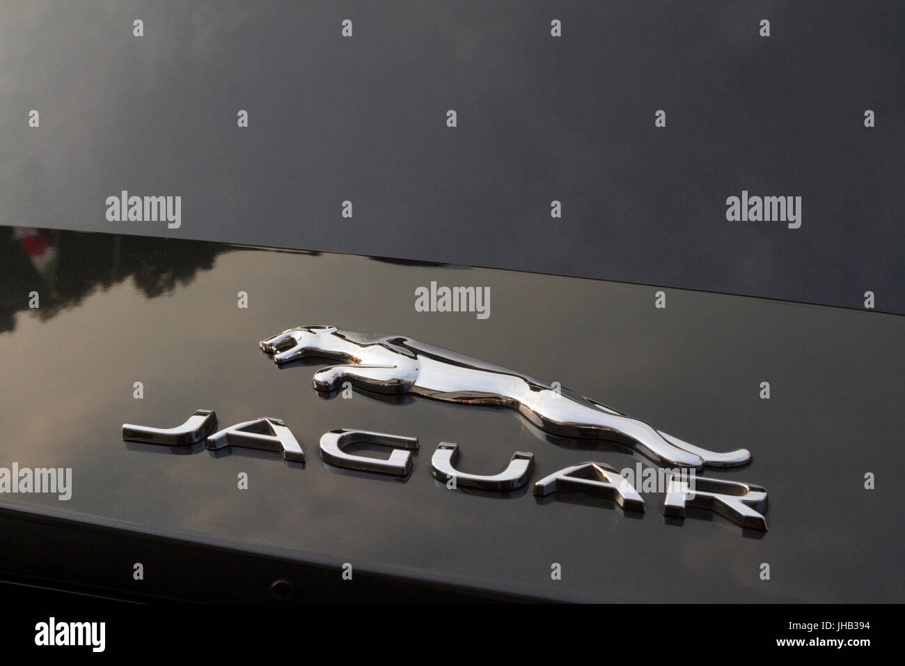 Ein Jaguar-Logo. Supersportwagen und Luxus Sportwagen auf Ausstellung in Turin Auto Show. Stockfoto