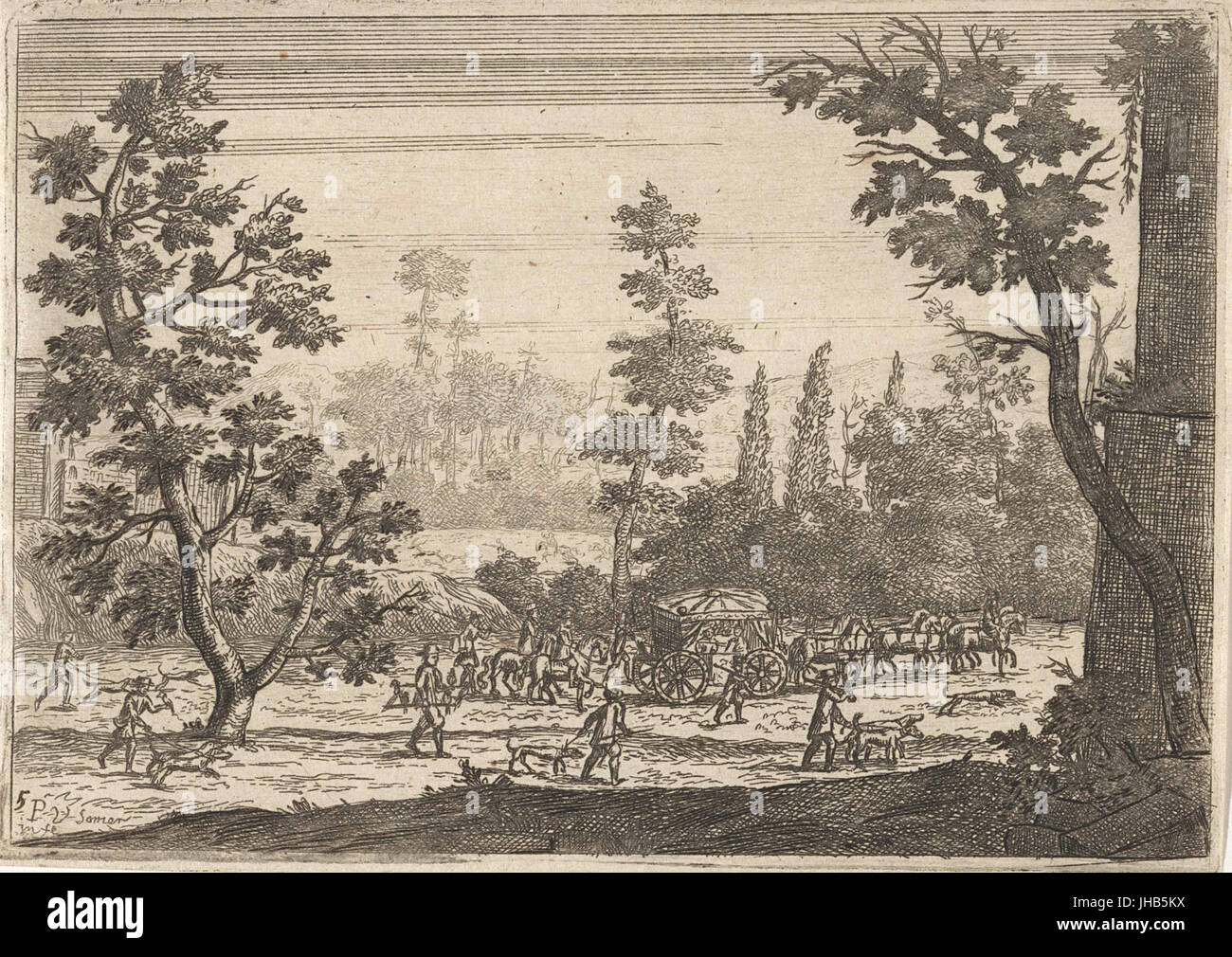 Landschap traf Koets En jachtgezelschap Stockfoto