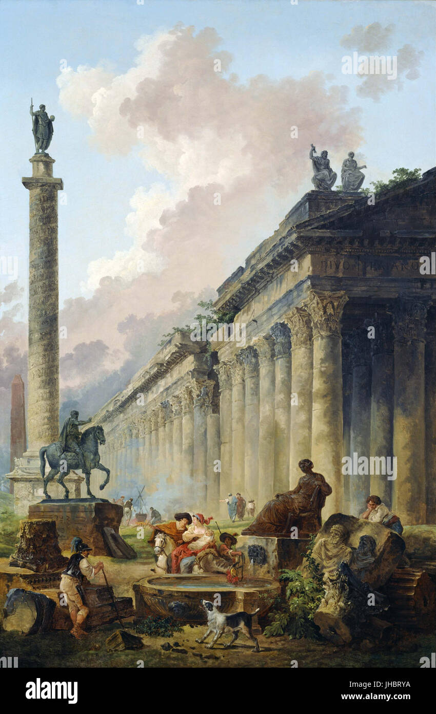 Hubert Robert - imaginäre Ansicht von Rom mit Reiterstatue des Marcus Aurelius, die Säule des Trajan und ein Tempel- Stockfoto