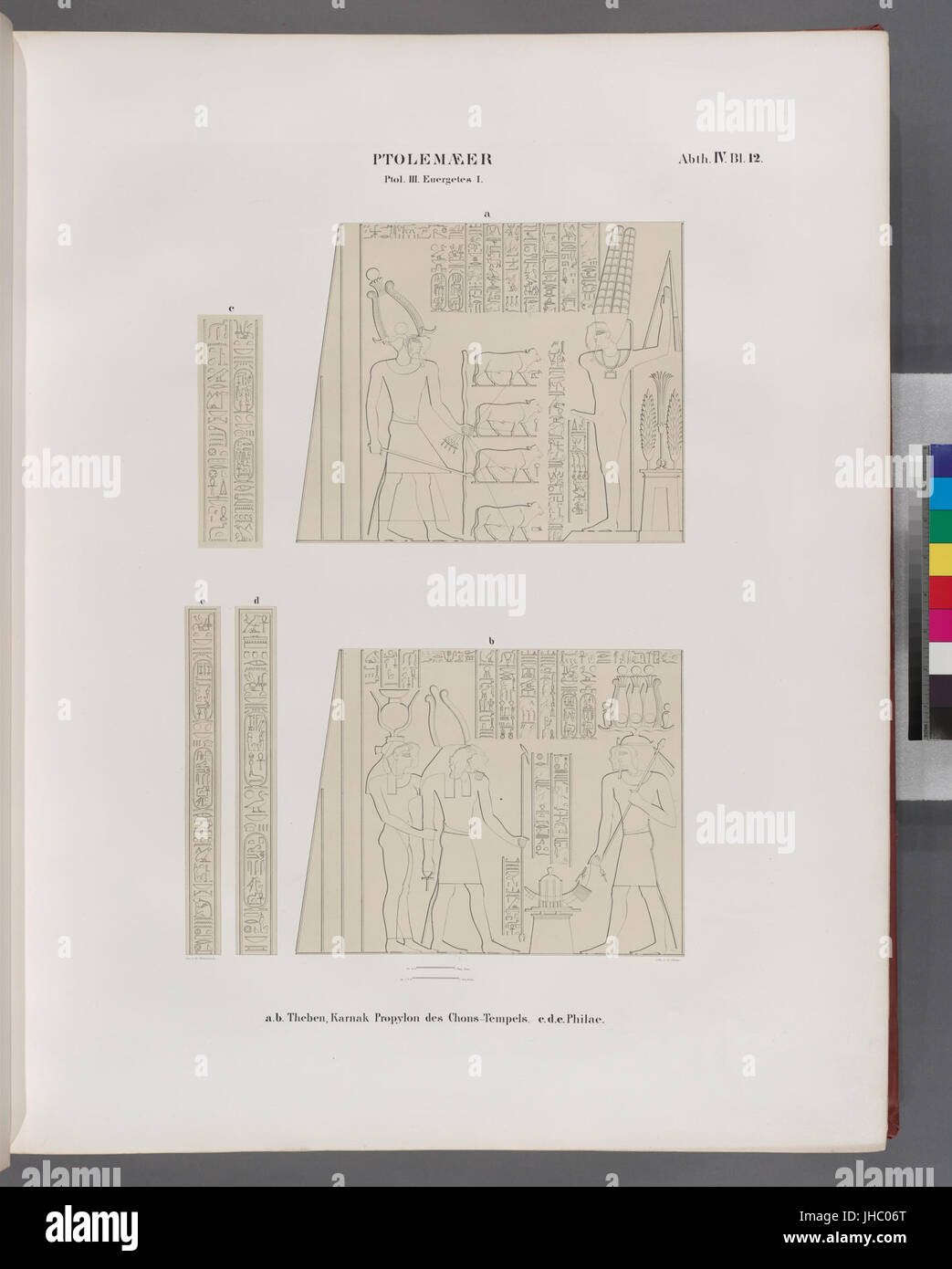 Ptolemaeer. Ptol. III. Euergetes I. a.Theben (Theben), Karnak. Propylon des Chons (Khonsu)-Tempels; c.d.e. Philae (NYPL b14291191-44032) Stockfoto