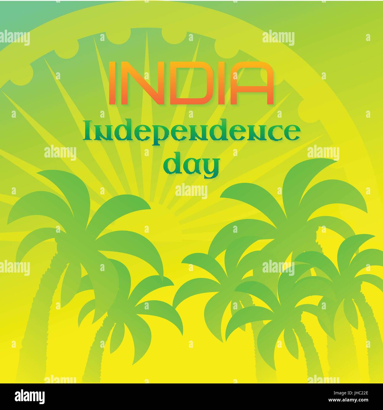 Indien-Unabhängigkeitstag Nationalfeiertag, 15.August. Vektor Grußkartenvorlage mit Ashoka-Rad und Palmen Stock Vektor