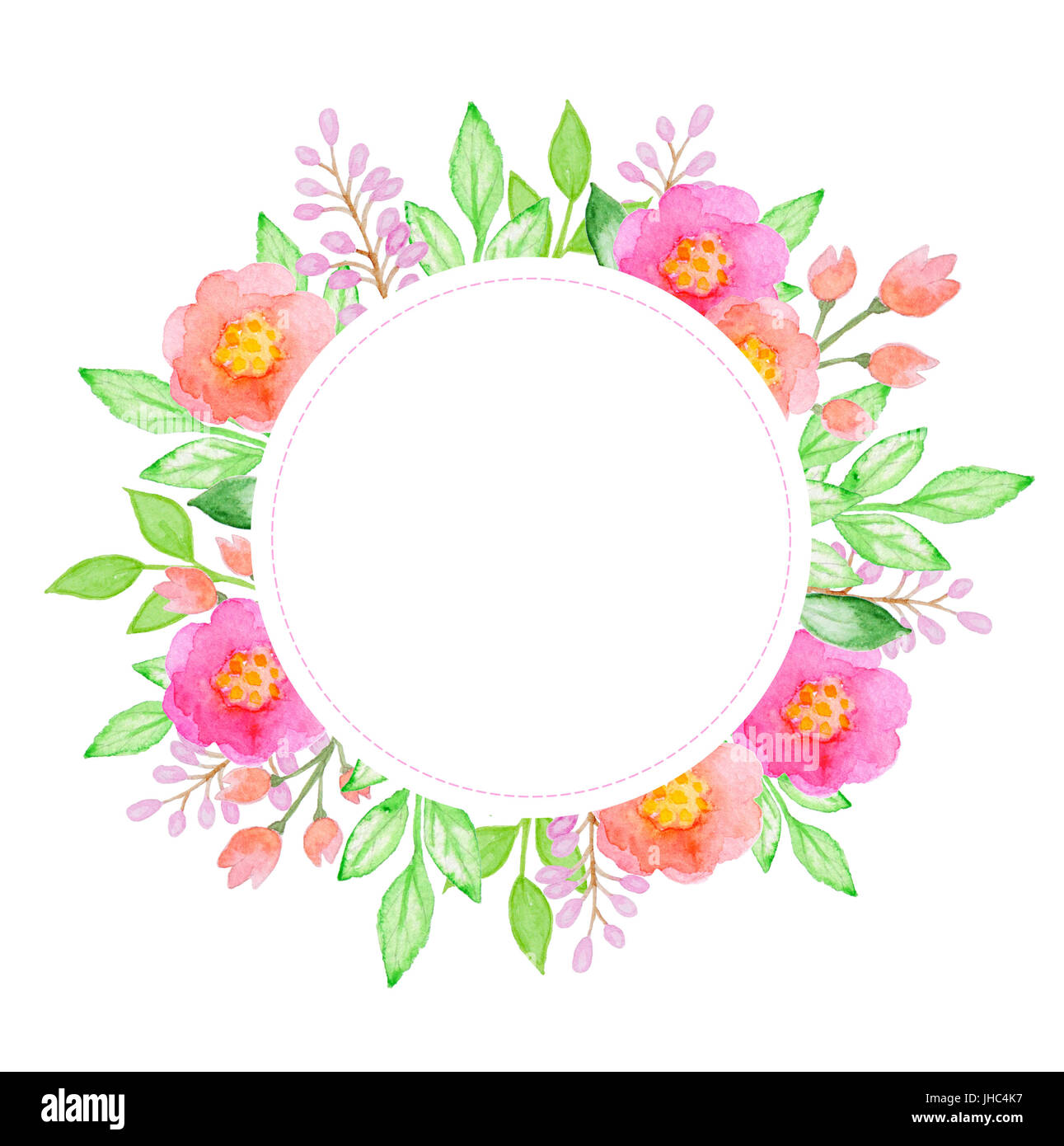 Aquarell handgezeichneten Blumenkarte mit rosa Blumen und grünen Blättern Stockfoto