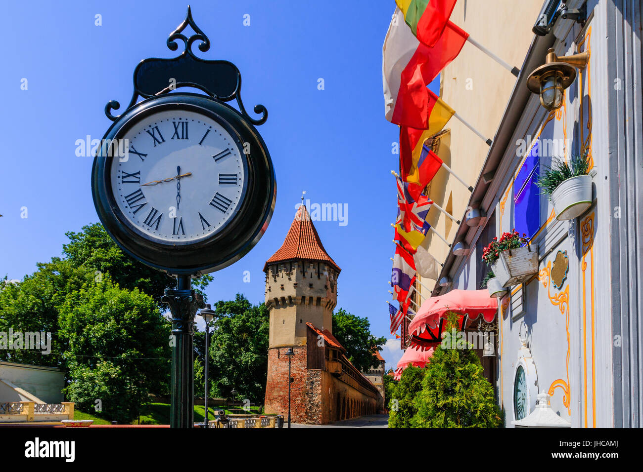 Sibiu,Romania.Fortress und Turm der Turnul Dulgherilor. Stockfoto