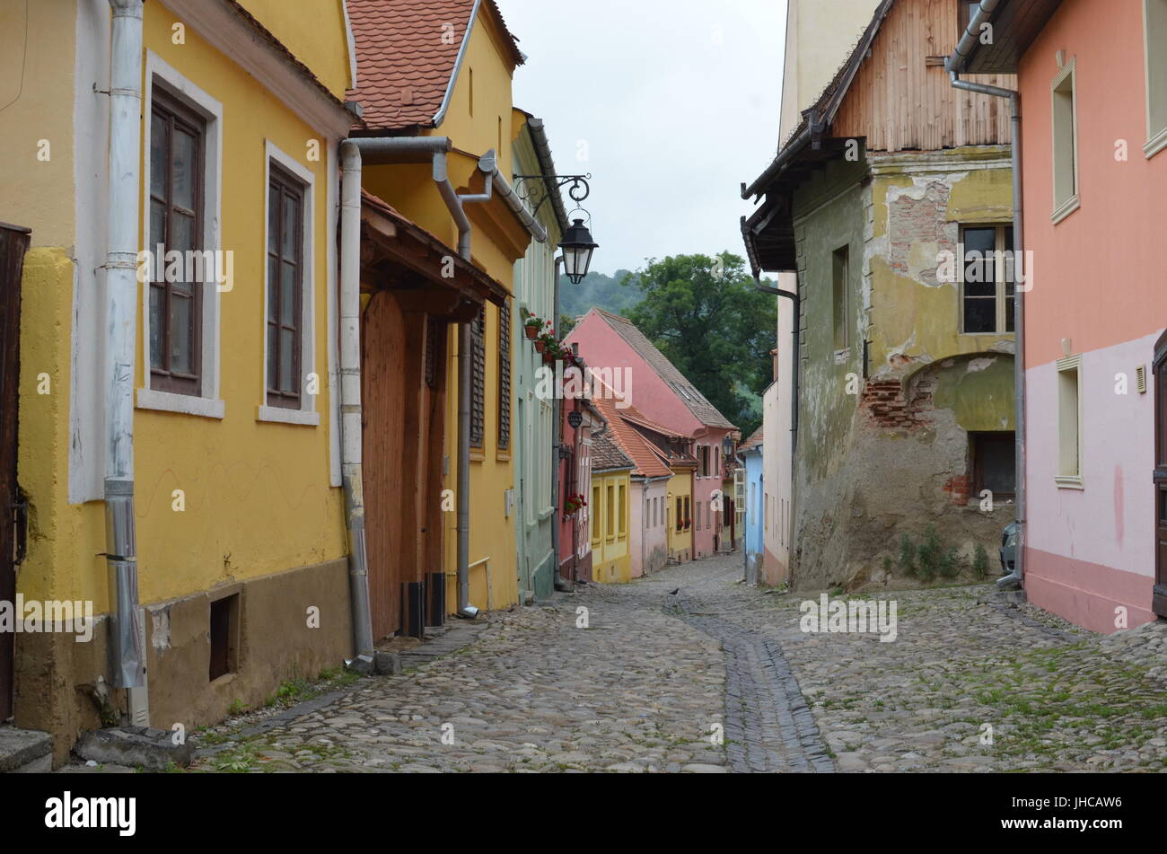 Straßen von Sighisoara/Schäßburg, Transylvania - eines der am besten erhaltenen mittelalterlichen Städte in Europa Stockfoto