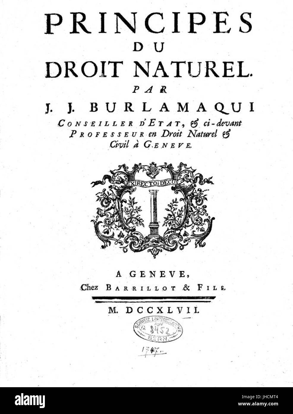 Frontispiz von J.-J. Burlamaqui des Principes du Droit Naturel, 1747 Stockfoto