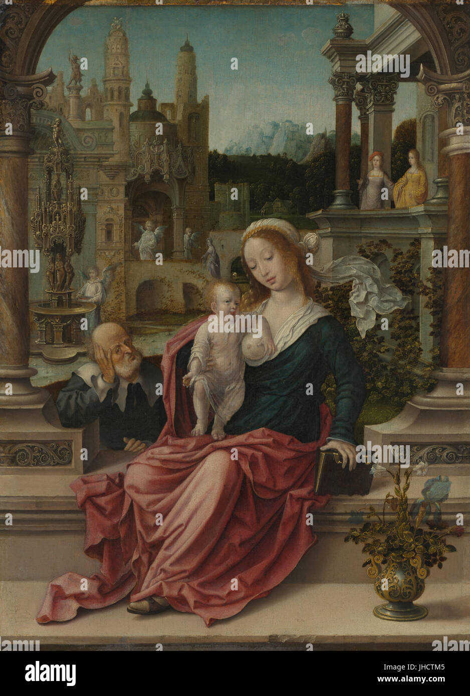 Dieses Gemälde, „die Heilige Familie“ von Jan Gossaert (genannt Mabuse), zeigt die biblische Szene der Heiligen Familie und zeigt den detaillierten Ansatz des Künstlers zur religiösen Kunst und zum Stil der nördlichen Renaissance. Stockfoto