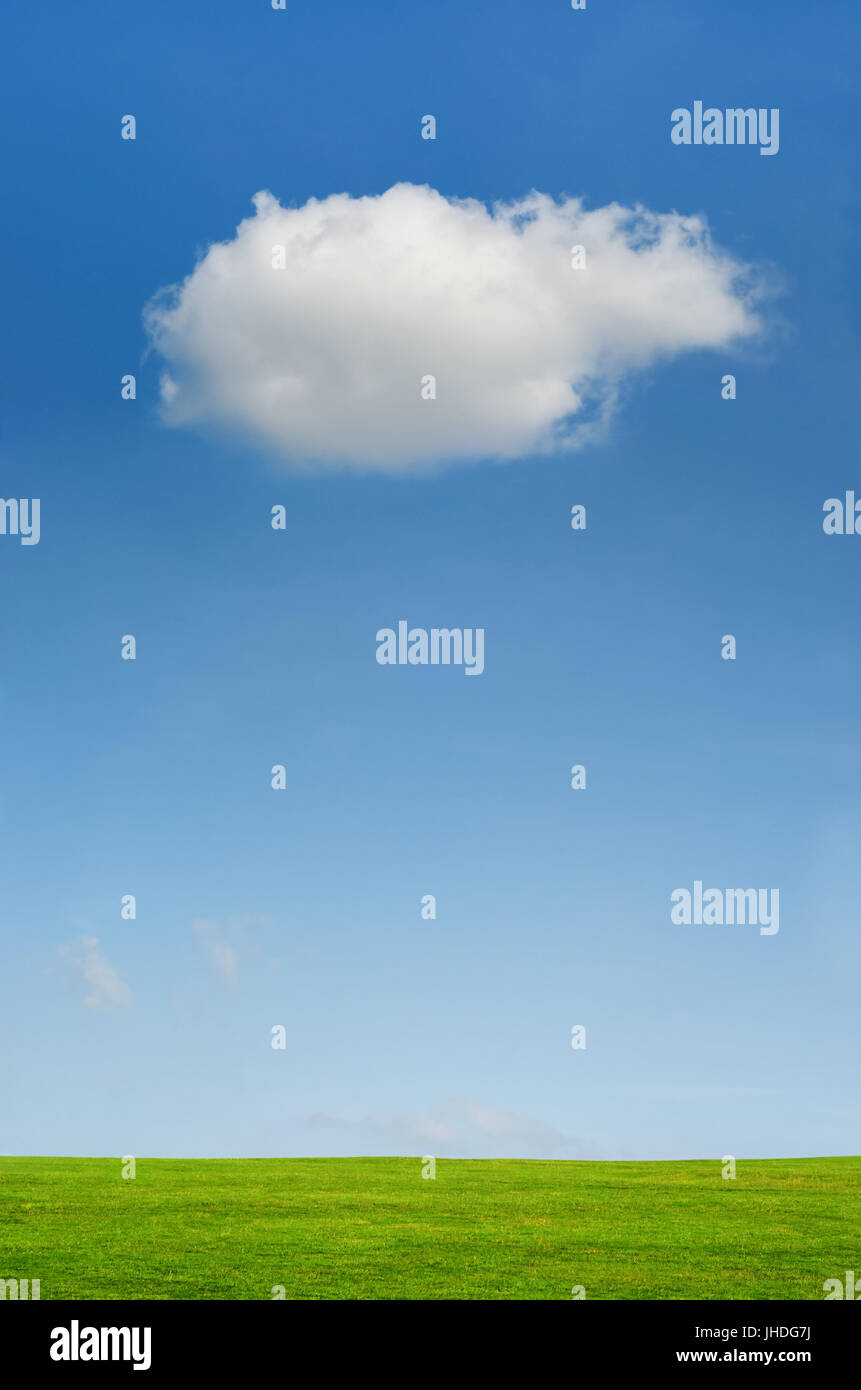 Landschaft mit Wiesen, strahlend blauer Himmel und eine einzelne flauschige weiße Wolke schwebt. Stockfoto