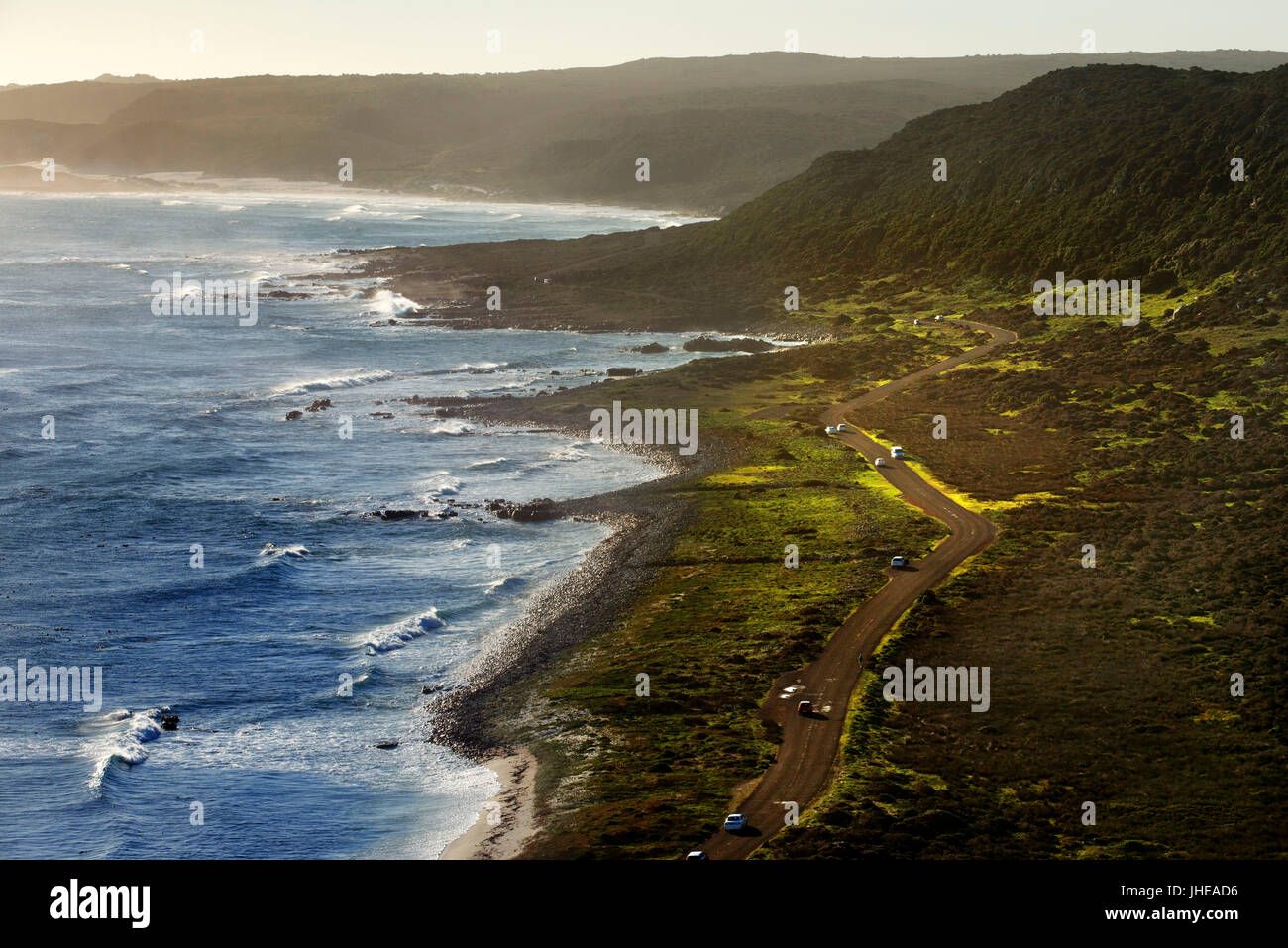 Straße in Kap der guten Hoffnung im Sonnenuntergang, Kap der guten Hoffnung National Park in Südafrika, Western Cape Stockfoto