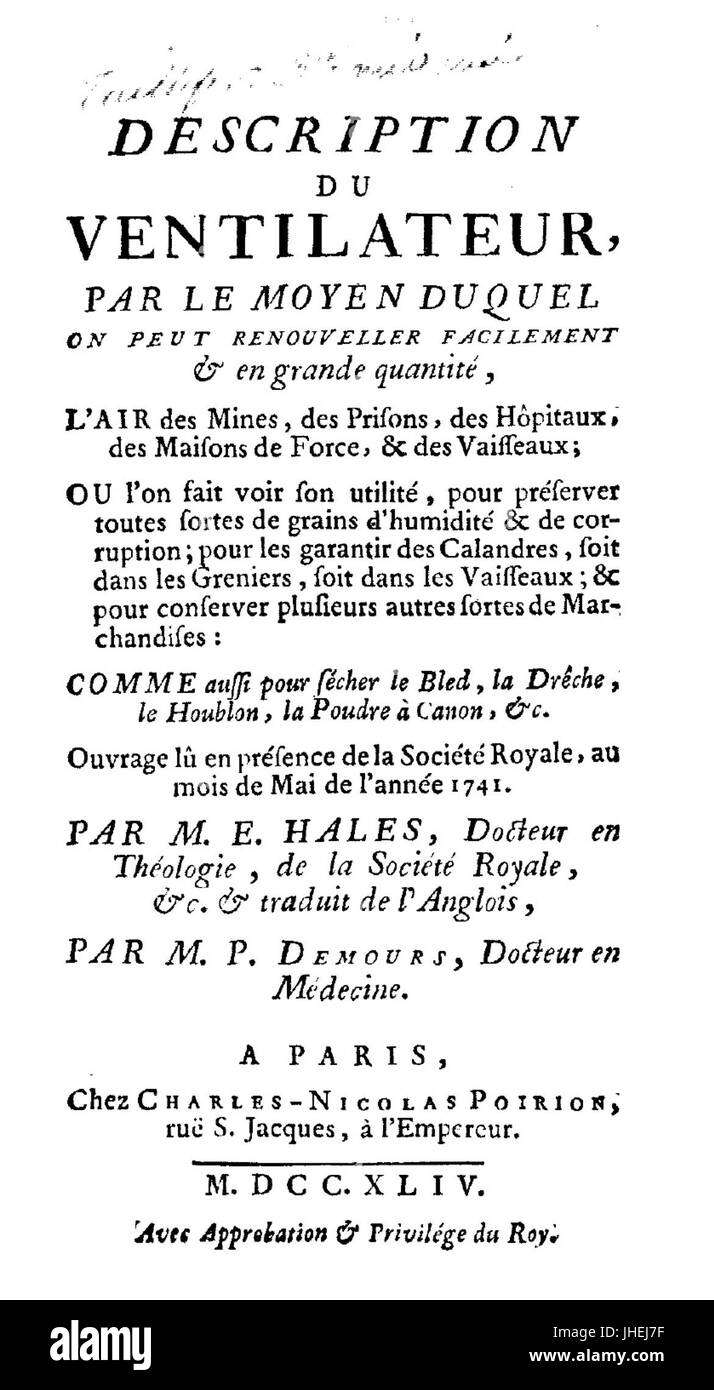 Hales - Beschreibung der Ventilatoren, 1744-1463260 Stockfoto