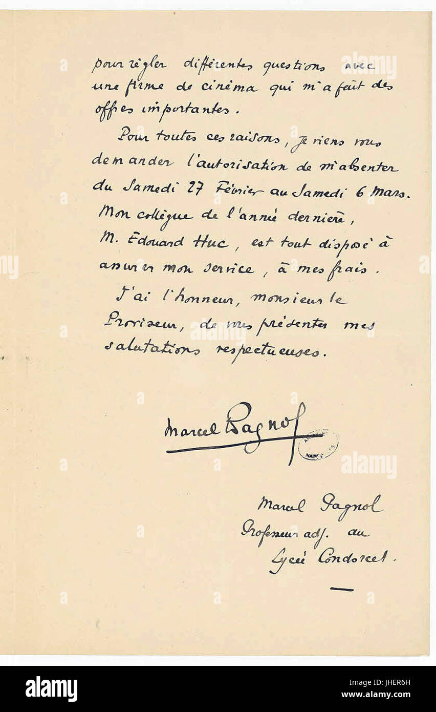 Lettre Manuscrite de Marcel Pagnol 2 - Archives Nationales - AJ-16-6106 Stockfoto