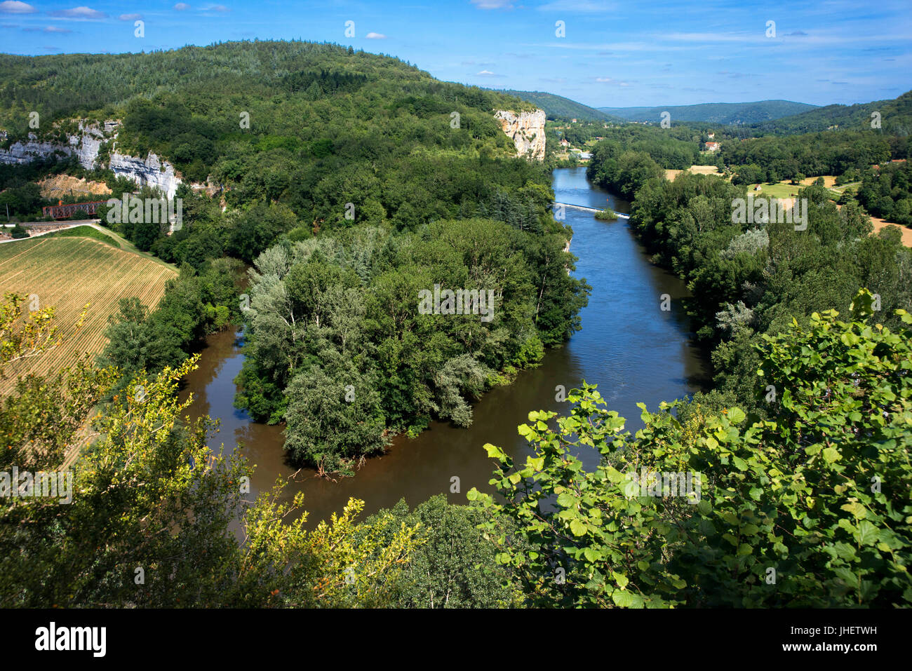 Fluviale Tourismus auf den Fluss Lot zwischen Saint-Cirq Lapopie und Bouzies, dem Lot, Frankreich. Stockfoto