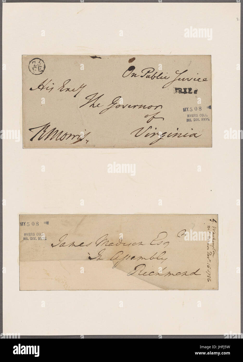 Morris, Robert. An den Gouverneur von Virginia adressierten Umschlag. Mit George Washingtons Umschlag adressiert an James Madison (NYPL b11868620-5337958) Stockfoto