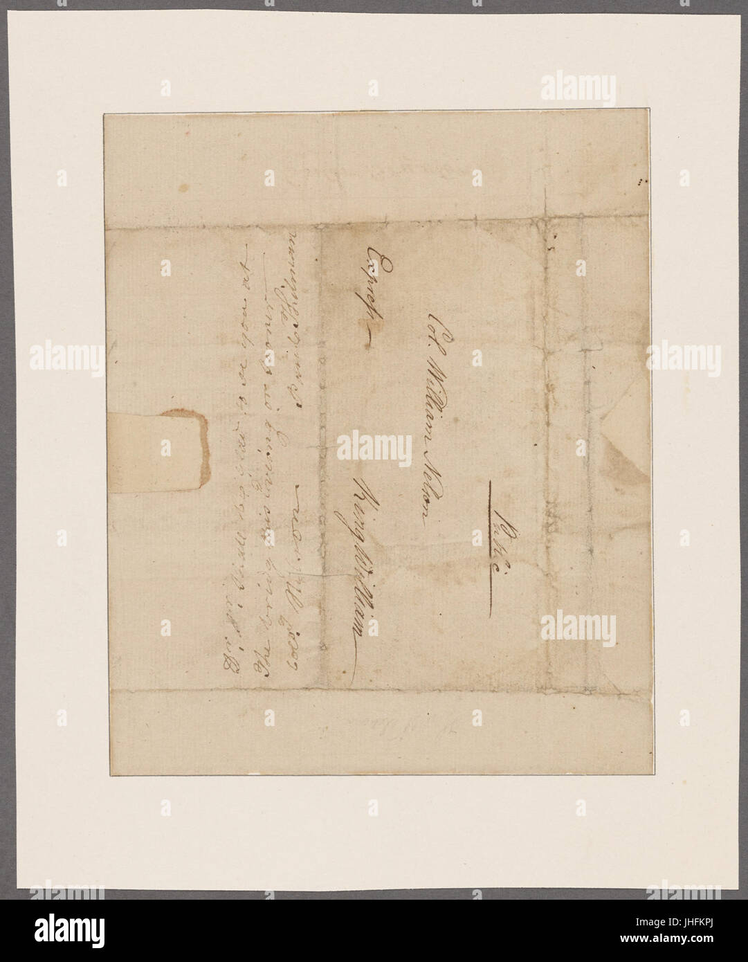 Dieser Brief von Paul Thilman an Colonel Nelson enthält einen Blick auf Yorktown, Virginia, einen wichtigen Ort in der Geschichte des Amerikanischen Unabhängigkeitskriegs. Der Blick und die Korrespondenz geben Einblicke in die militärischen und politischen Landschaften der Epoche. Stockfoto