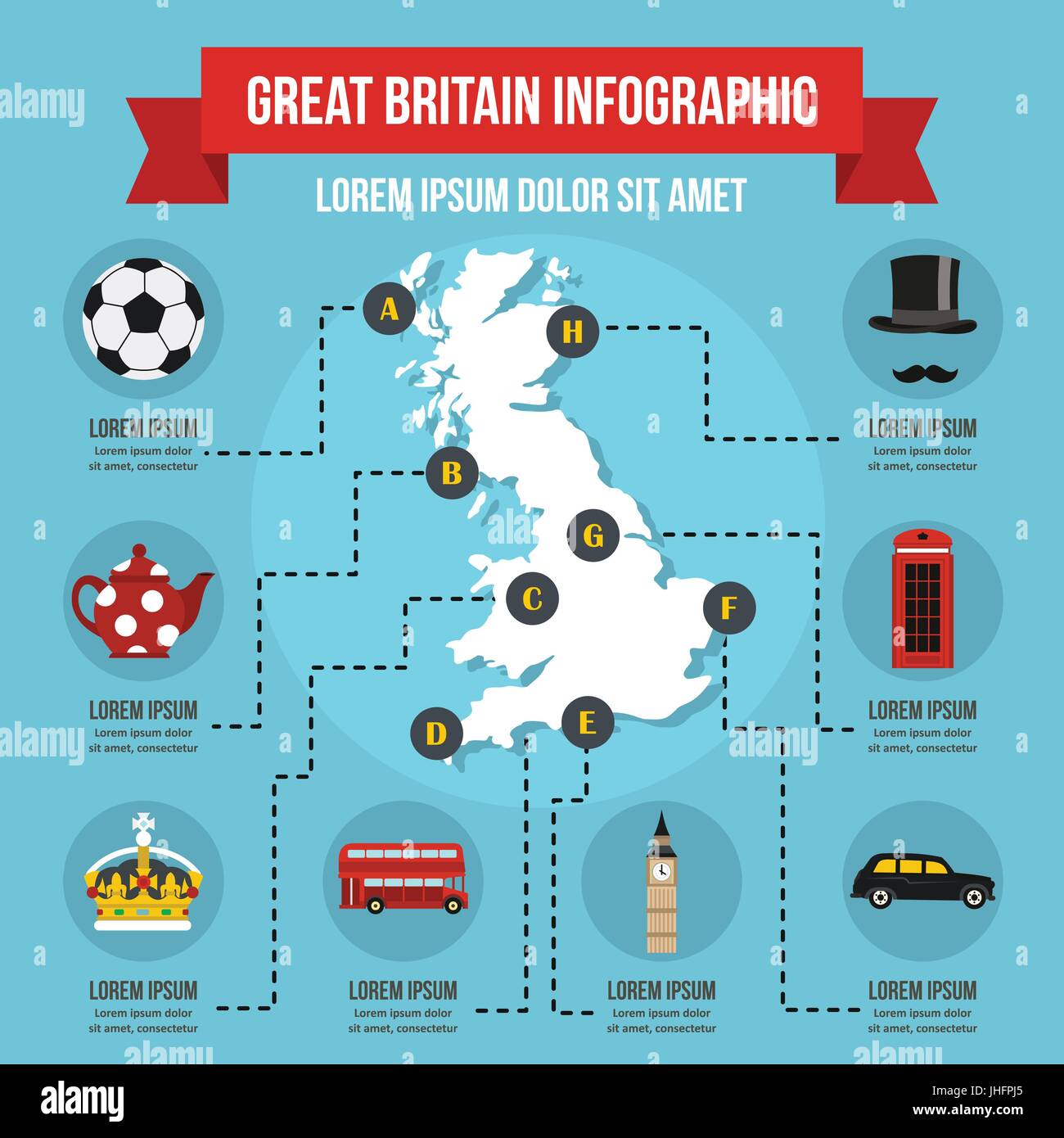 Großbritannien-Infografik-Konzept, flachen Stil Stock Vektor