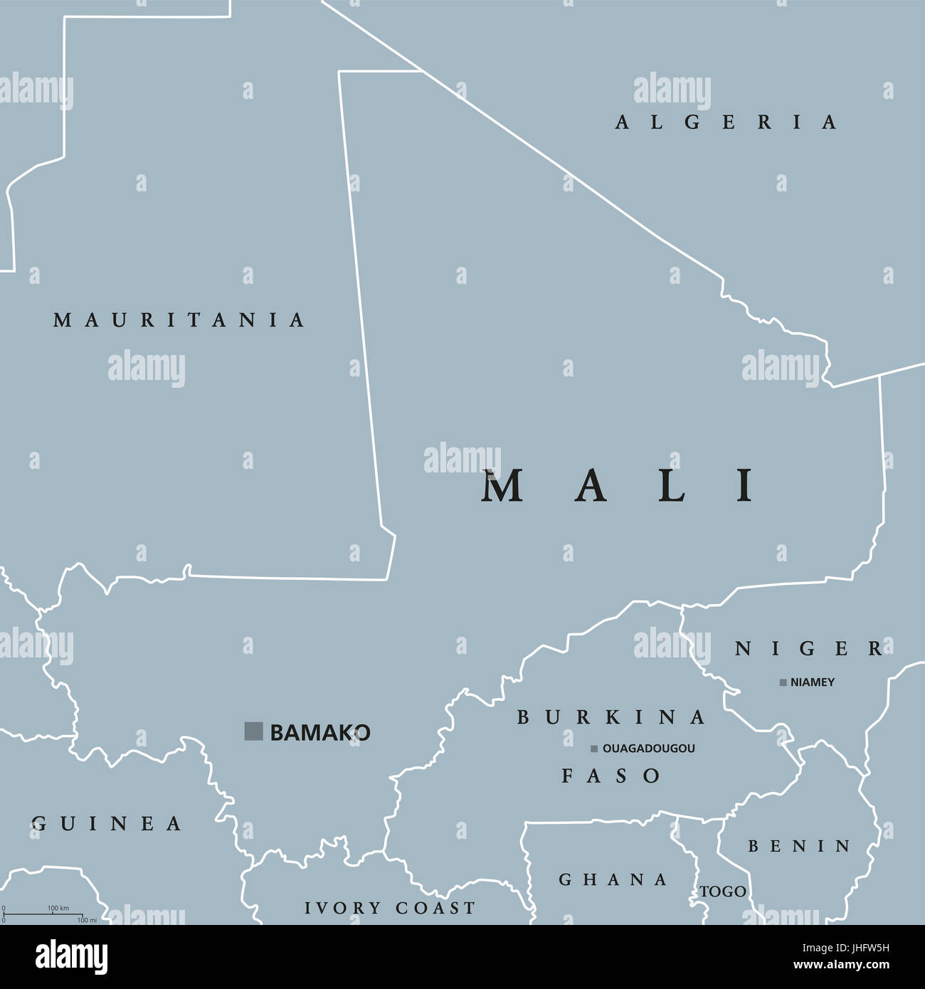 Mali politische Karte mit Hauptstadt Bamako, internationale Grenzen und Nachbarn. Republik und Binnenstaat in Westafrika. Graue Abbildung. Stockfoto