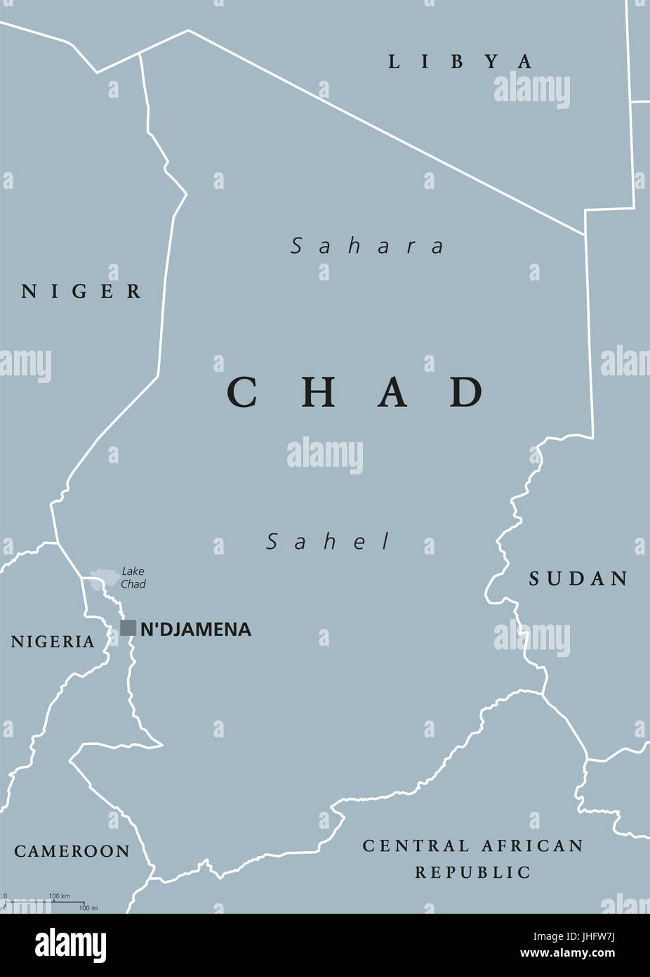 Chad politische Karte mit Hauptstadt NDjamena, internationale Grenzen und Nachbarn. Republik und Binnenstaat in Zentralafrika. Graue Abbildung. Stockfoto